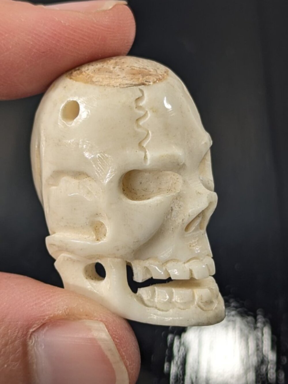 Vintage Memento Mori Deer Antler Carved Skull pendant, human skull bead